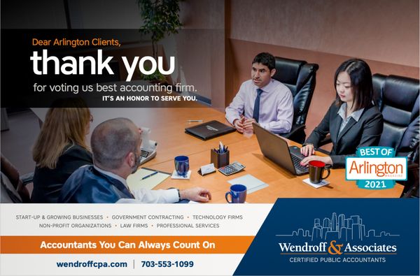 We're proud to announce Wendroff & Associates was voted Best Accounting Firm for the second time by the readers of Arlington Magazine!