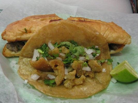 Chicharrones (pigskin) taco & steak torte (sandwich)  ..genuine Mexican seasoning, good service.