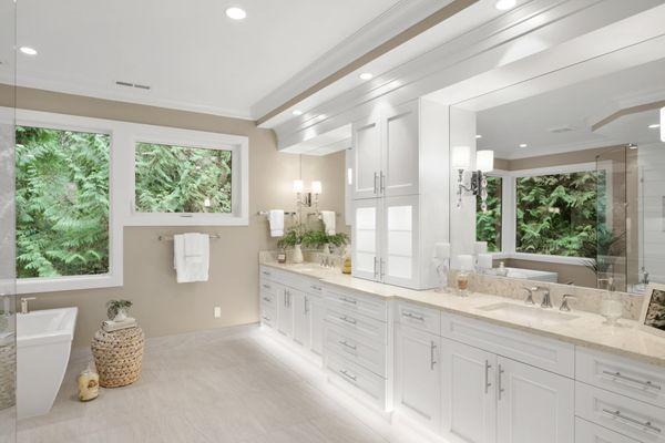 Primary bathroom with double vanities and lots of storage!