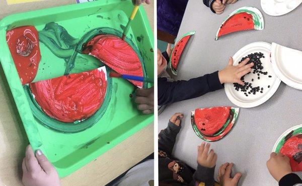 W for watermelon! Cut half a paper plate, paint & let it dry, and then glue beans on it as watermelon seeds! Mmmm Looks yummy!