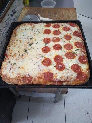 Sicilian Pizza: 1/2 Cheese + 1/2 Pepperoni