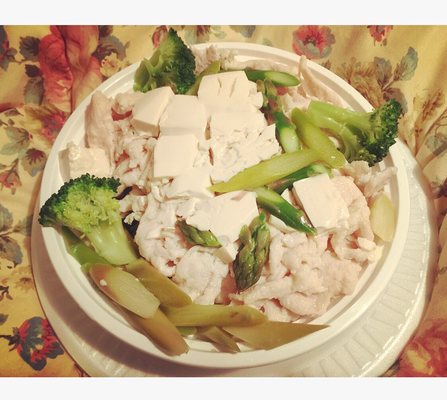 steamed chicken and broccoli, added tofu and asparagus. A+ I adore silken tofu.