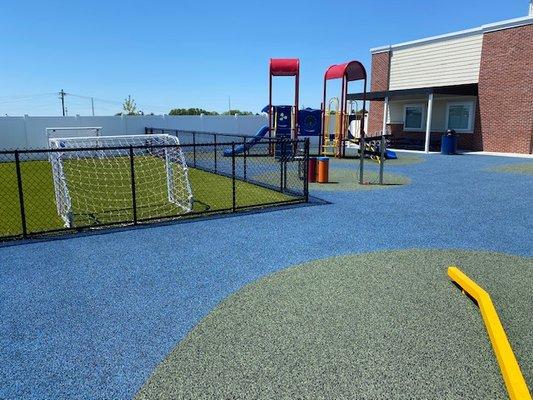 Preschool playground and soccer field. All turf grass.