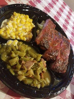 Ribs, cream corn, and green beans  Ribs were so delicious and juicy!