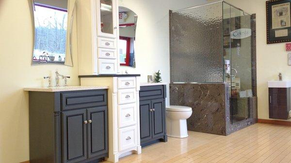 Custom vanity arrangement, custom shower in our Fishkill Showroom.