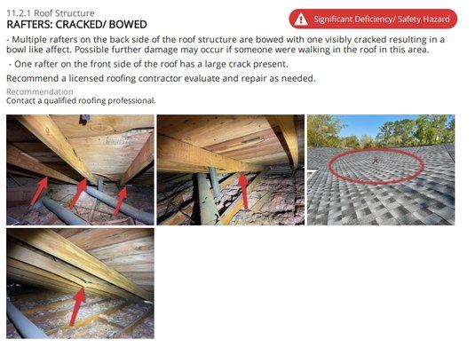 SEVERAL RAFTER ISSUES NOTED ON BUYER'S INSPECTION LISTED AS SIGNIFICANT SAFETY HAZARDS - 2 MO AFTER ROOF WORK WAS COMPLETE.