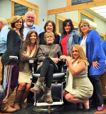 The barber shop crew surrounding our sweet boss and dear friend, Donna McLaurin.