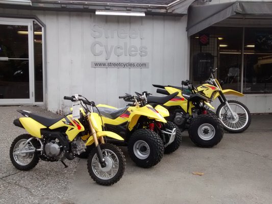 Some of the off-road line-up from Suzuki, including the youth ATVs and dirt bike.