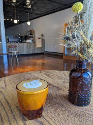 cortado, and coffee shop interior