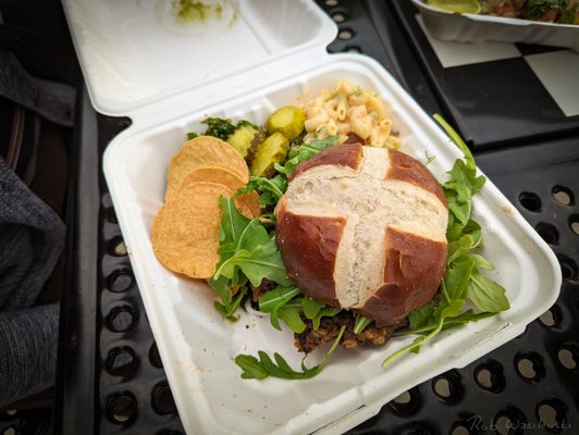 Black Bean Veggie Burger on a pretzel roll