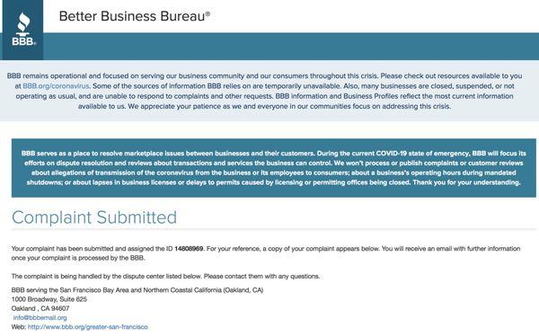 Complaint filed with WineGlobes local Better Business Bureau.