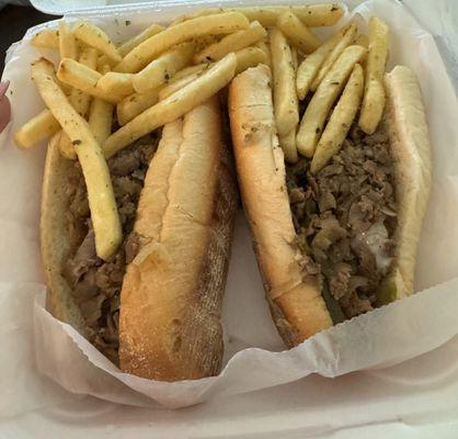 Delicious Philly with peppers and onions on fresh amoroso roll