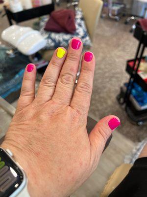 Tropicana Daze and ring finger is Melty Sunshine. Both gel and manicure by Hanna. She was fabulous!