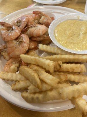 Boiled Shrimp with Fries and Cheese Grits