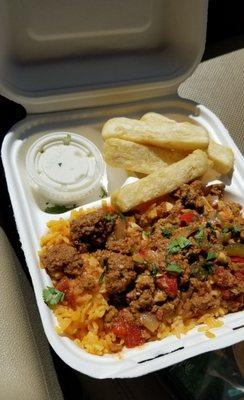 Beef picadillo with Yuca Fries