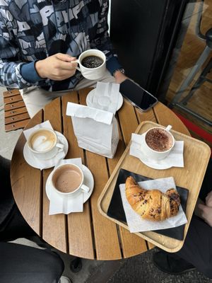 Chocolate croissant and hot chocolates