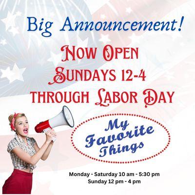 Open Sundays through Labor Day 2024