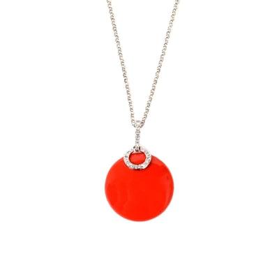 Coral Circular Pendant with Diamond Accents in 14K White Gold