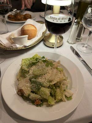 Ceasar salad and Chianti