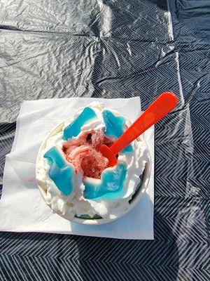 Shark Attack Special - Blue Razz and Cherry shaved ice topped with whipped cream and gummy sharks.