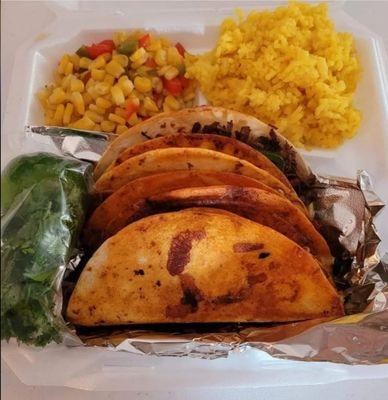 Beef birria tacos, Mexican corn, And yellow rice