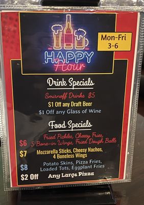 Happy hour menu as of 3/2/22.