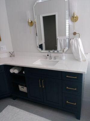 Beautiful upgrade from a traditional bathroom edit new vanity and shower as well as a stand-alone tub