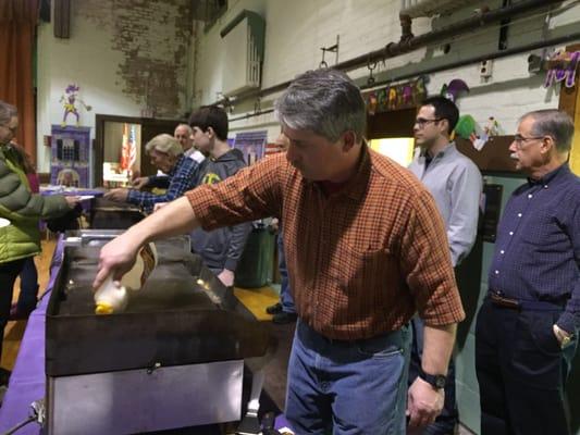 Making Swedish pancakes at the annual Shrove Tuesday Pancake Supper and Bake Sale, 2015.