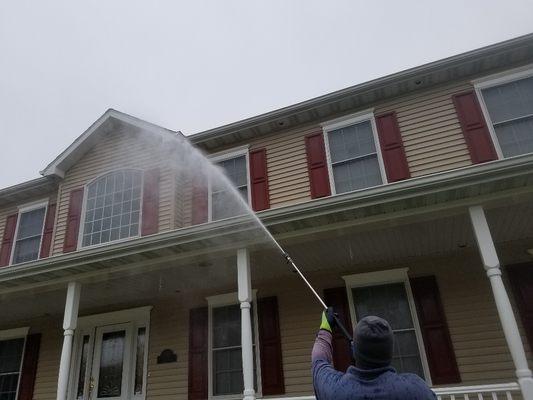 Low Pressure House Washing...Kill Mold & Mildew, Then rinse Safely from the ground.