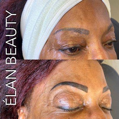 Fresh Powder Brow! This lovely client was bored with her old tattoo (top picture-not my work) and wanted something bold!