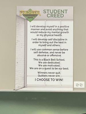 The student creed they recite at the end of every practice which is reinforced in a monthly homework assignment