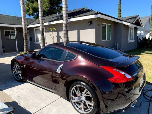 RESULTS:  The clay treatment, iron removal and wax application enhanced the beautiful chocolate/black cherry paint on this Nissan.