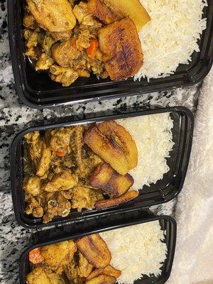 Our famous Curried Chicken, white rice and sweet plantains.