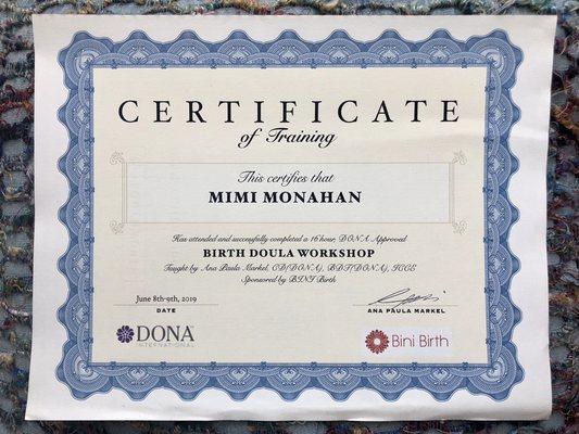 Certified of Completed Birth Doula Workshop