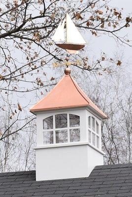 CNC windowed cupola, and sailboat weathervane in polished copper.