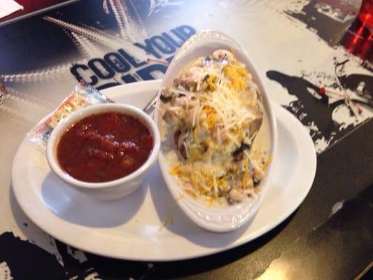 Shrimp Alfredo Stuffed Potato with Tomato Basil Mushroom soup