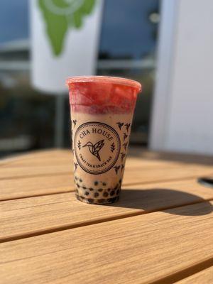 Strawberry milk tea with boba..fresh crushed strawberries on top