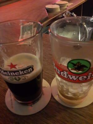 Guinness and LongIsland ice tea in heine and bud glasses at Larry's Pub. Yeah baby.