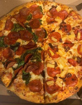 Half double pepperoni and spinach & half pepperoni, steak and pineapple.