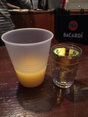 Breakfast shot...Jameson & butterscotch schnapps with an orange juice chaser...eek