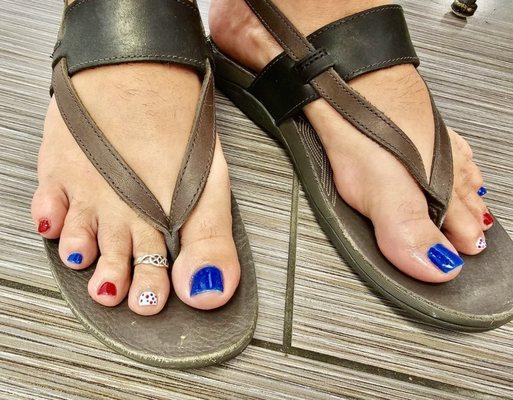 Step out in style with our patriotic pedicure!  Show off your spirit with every step. Visit AiSpa & Nails. #PatrioticPedi