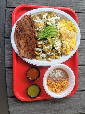 The Super Chilaquiles plate with fresh grilled Angus carne asada