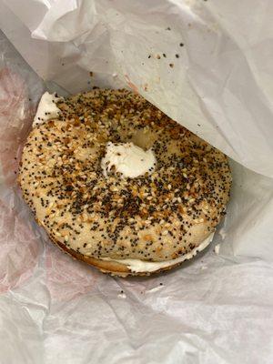 Always check your order. This should've been a sesame seed bagel cream cheese on the side and,  they would not return my money to the app.