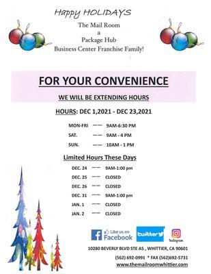 Upcoming Holiday Hours for this coming season 2022