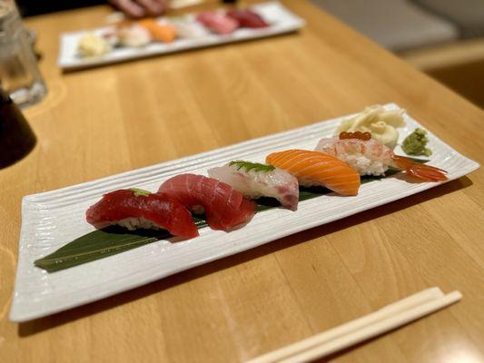 Omakase A - nigiri sushi including bluefin tuna, fatty tuna, amberjack, red snapper, salmon, and sea urchin