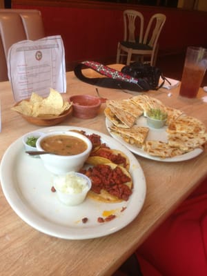 Tacos al pastor and shrimp quesadillas