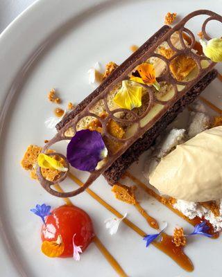 Summer dessert: Opera Cake with accents of white and dark chocolate, mocha and brown butter ice cream