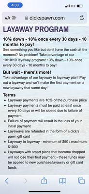 Layaway policy per the website