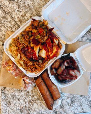 2 item combo: Kung pao chicken & BBQ chicken / $13.99, Egg rolls / $4.29 + BBQ pork (small) / $7.99. Delivery pricing