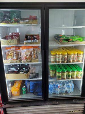 Freezers with faux meats, seasonings, and drinks